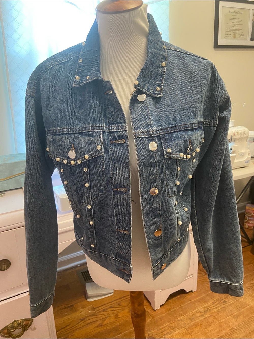 Denim Jacket with Pearl and Rhinestone Trim